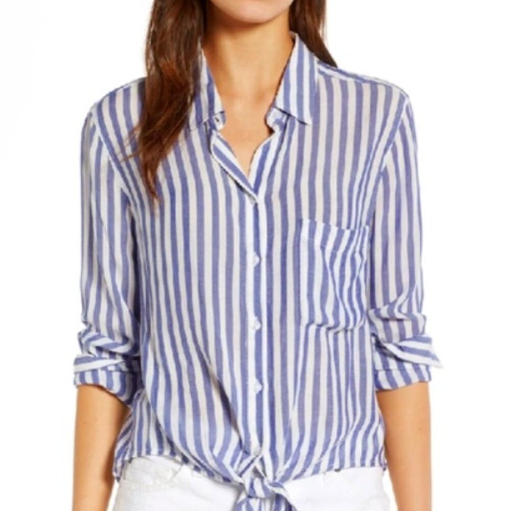 Rails Val Tie Front Stripe Shirt Cropped Blouse Blue White Top M Coastal Grandma